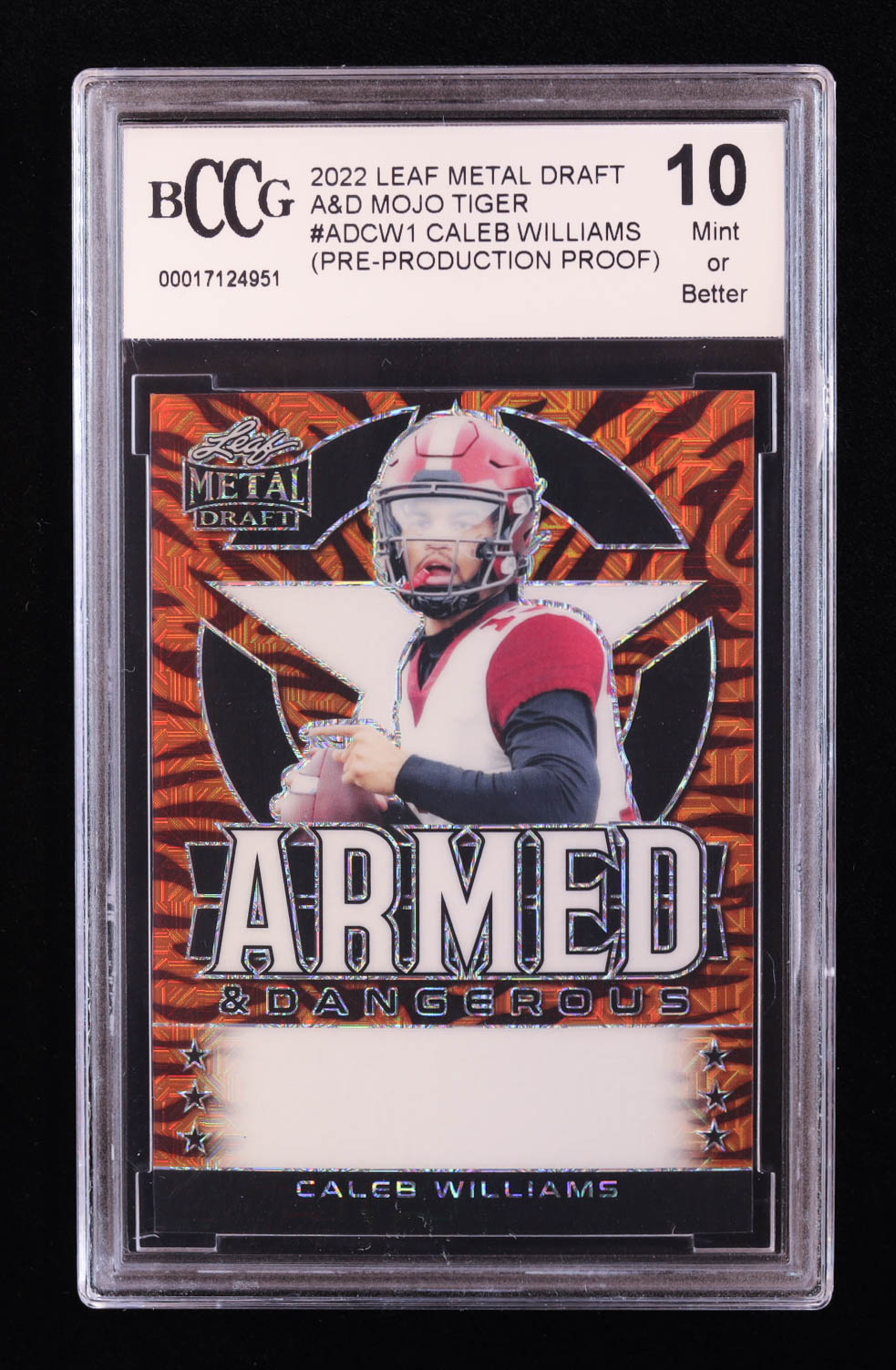 Caleb Williams 2022 Leaf Metal Draft Armed & Dangerous Mojo Tiger Pre-Production Proof #NNO RC (BCCG 10) at PristineAuction.com Caleb Williams 2022 Leaf Metal Draft Armed & Dangerous Mojo Tiger Pre-Production Proof #NNO RC (BCCG 10) at PristineAuction.com