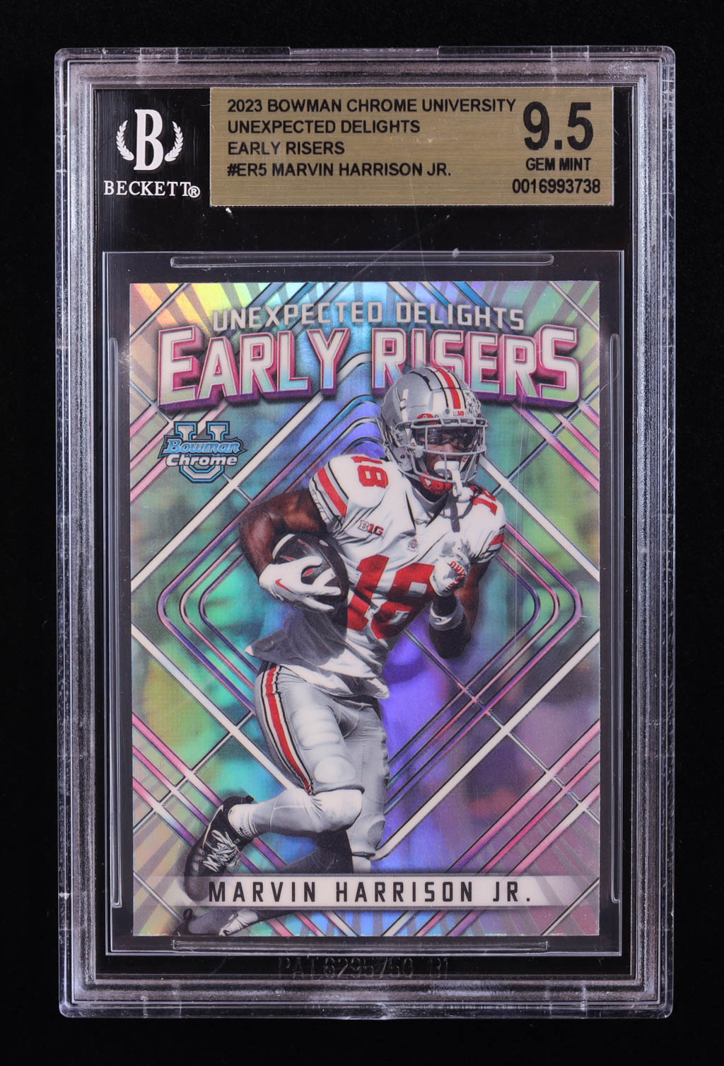 Marvin Harrison Jr. 2023 Bowman Chrome University Unexpected Delights Early Risers #ER5 RC (BGS 9.5) at PristineAuction.com Marvin Harrison Jr. 2023 Bowman Chrome University Unexpected Delights Early Risers #ER5 RC (BGS 9.5) at PristineAuction.com