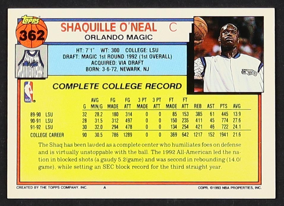 Shaquille O'Neal 1992-93 Topps #362 RC at PristineAuction.com Shaquille O'Neal 1992-93 Topps #362 RC at PristineAuction.com