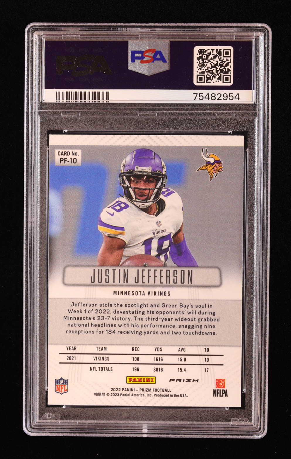 Justin Jefferson 2022 Panini Prizm Prizm Flashback Prizms No Huddle #10 (PSA 9) at PristineAuction.com Justin Jefferson 2022 Panini Prizm Prizm Flashback Prizms No Huddle #10 (PSA 9) at PristineAuction.com