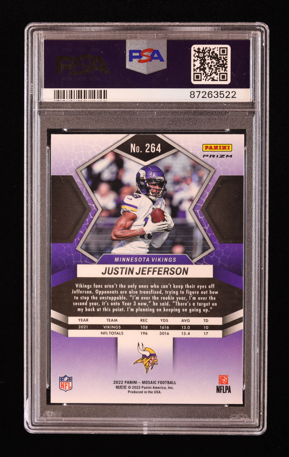 Justin Jefferson 2022 Panini Mosaic Mosaic No Huddle Silver #264 RC (PSA 10) at PristineAuction.com Justin Jefferson 2022 Panini Mosaic Mosaic No Huddle Silver #264 RC (PSA 10) at PristineAuction.com