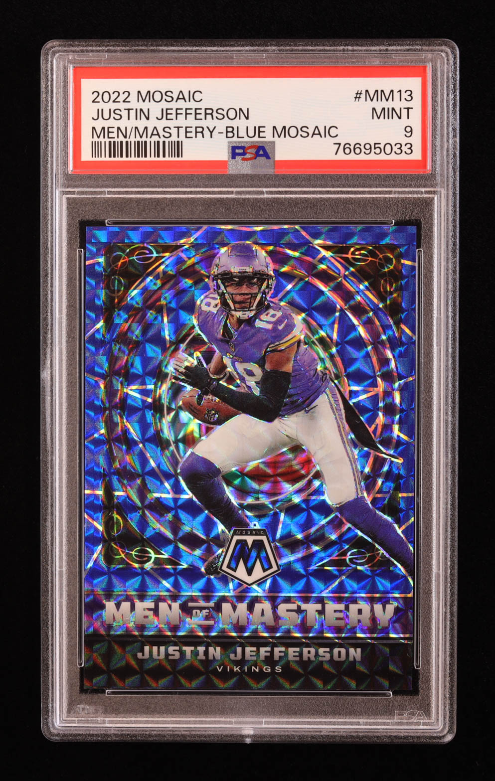 Justin Jefferson 2022 Panini Mosaic Men of Mastery Mosaic Blue #13 #16/99 (PSA 9) at PristineAuction.com Justin Jefferson 2022 Panini Mosaic Men of Mastery Mosaic Blue #13 #16/99 (PSA 9) at PristineAuction.com