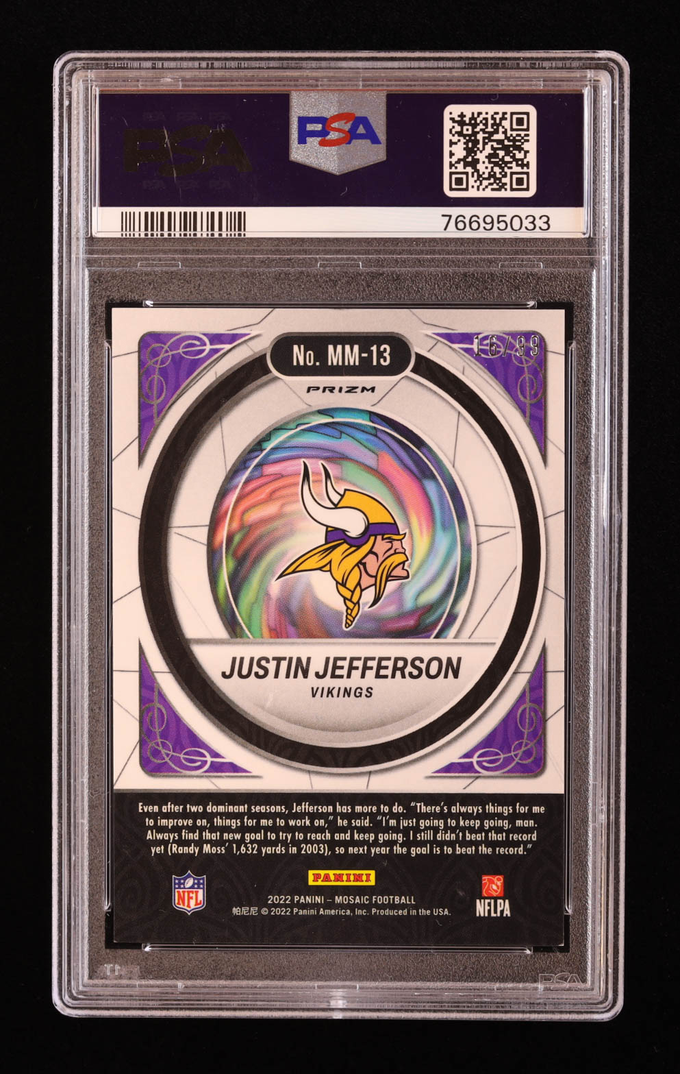 Justin Jefferson 2022 Panini Mosaic Men of Mastery Mosaic Blue #13 #16/99 (PSA 9) at PristineAuction.com Justin Jefferson 2022 Panini Mosaic Men of Mastery Mosaic Blue #13 #16/99 (PSA 9) at PristineAuction.com