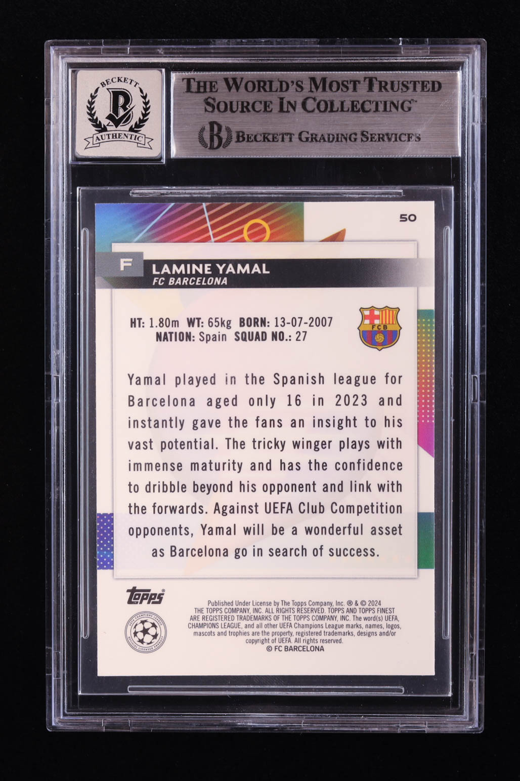 Lamine Yamal Signed 2023-24 Finest UEFA Club Competitions #50 RC (BGS | Auto 10) at PristineAuction.com Lamine Yamal Signed 2023-24 Finest UEFA Club Competitions #50 RC (BGS | Auto 10) at PristineAuction.com