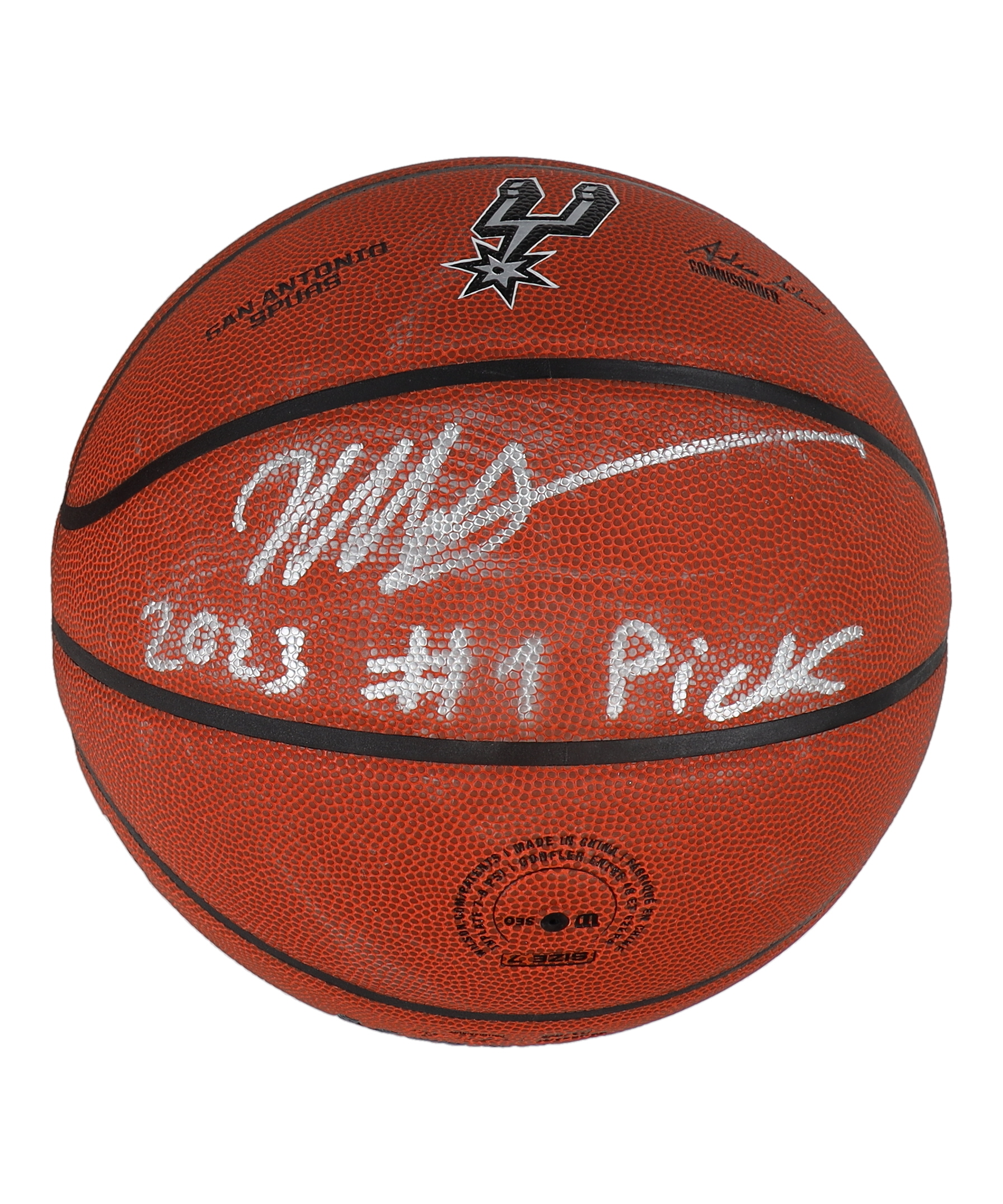 Victor Wembanyama Signed Spurs Logo NBA Basketball Inscribed "2023 #1 Pick" (Fanatics) at PristineAuction.com Victor Wembanyama Signed Spurs Logo NBA Basketball Inscribed "2023 #1 Pick" (Fanatics) at PristineAuction.com