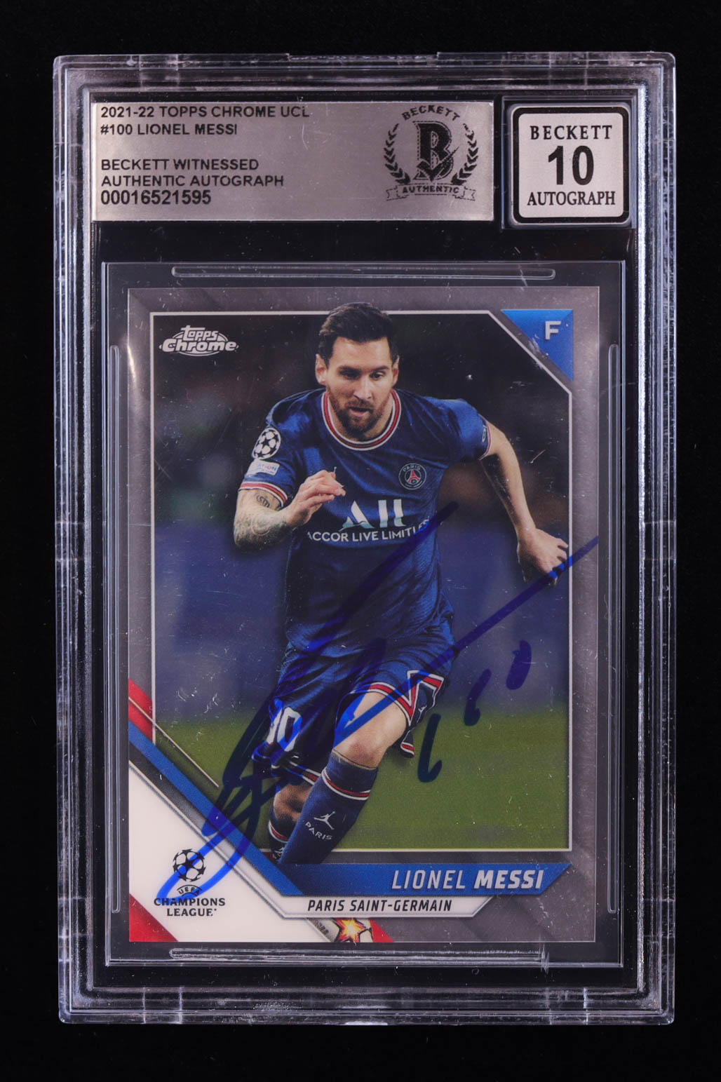 Lionel Messi Signed 2021-22 Topps Chrome UEFA Champions League #100 (BGS | Auto 10) at PristineAuction.com Lionel Messi Signed 2021-22 Topps Chrome UEFA Champions League #100 (BGS | Auto 10) at PristineAuction.com