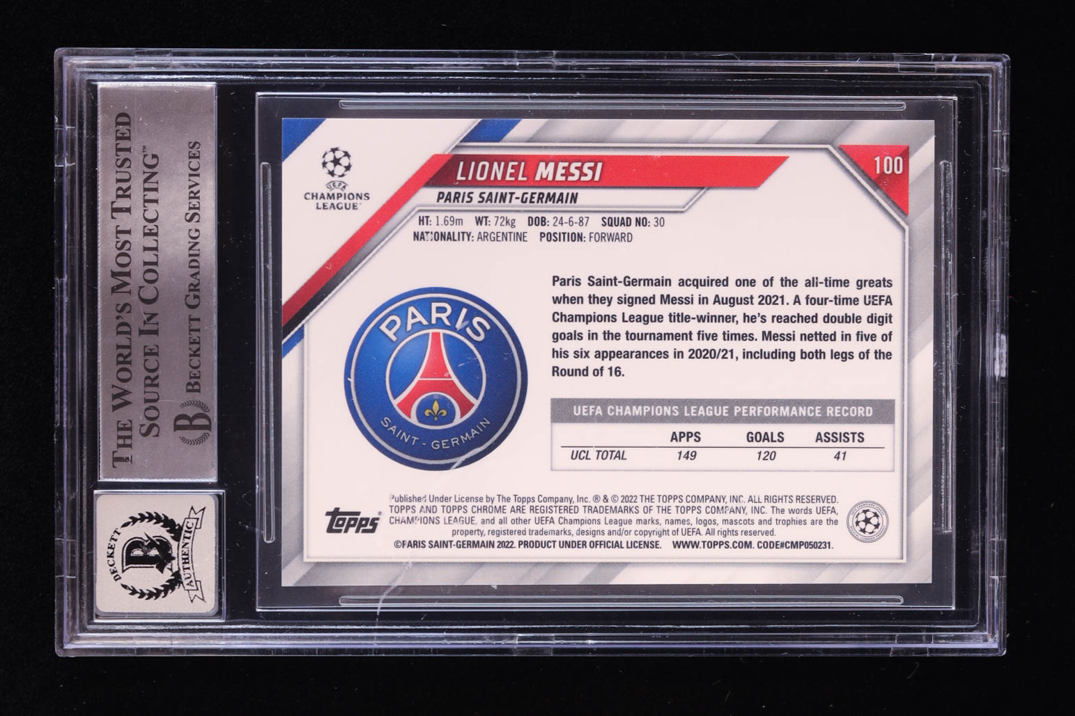 Lionel Messi Signed 2021-22 Topps Chrome UEFA Champions League #100 (BGS | Auto 10) at PristineAuction.com Lionel Messi Signed 2021-22 Topps Chrome UEFA Champions League #100 (BGS | Auto 10) at PristineAuction.com