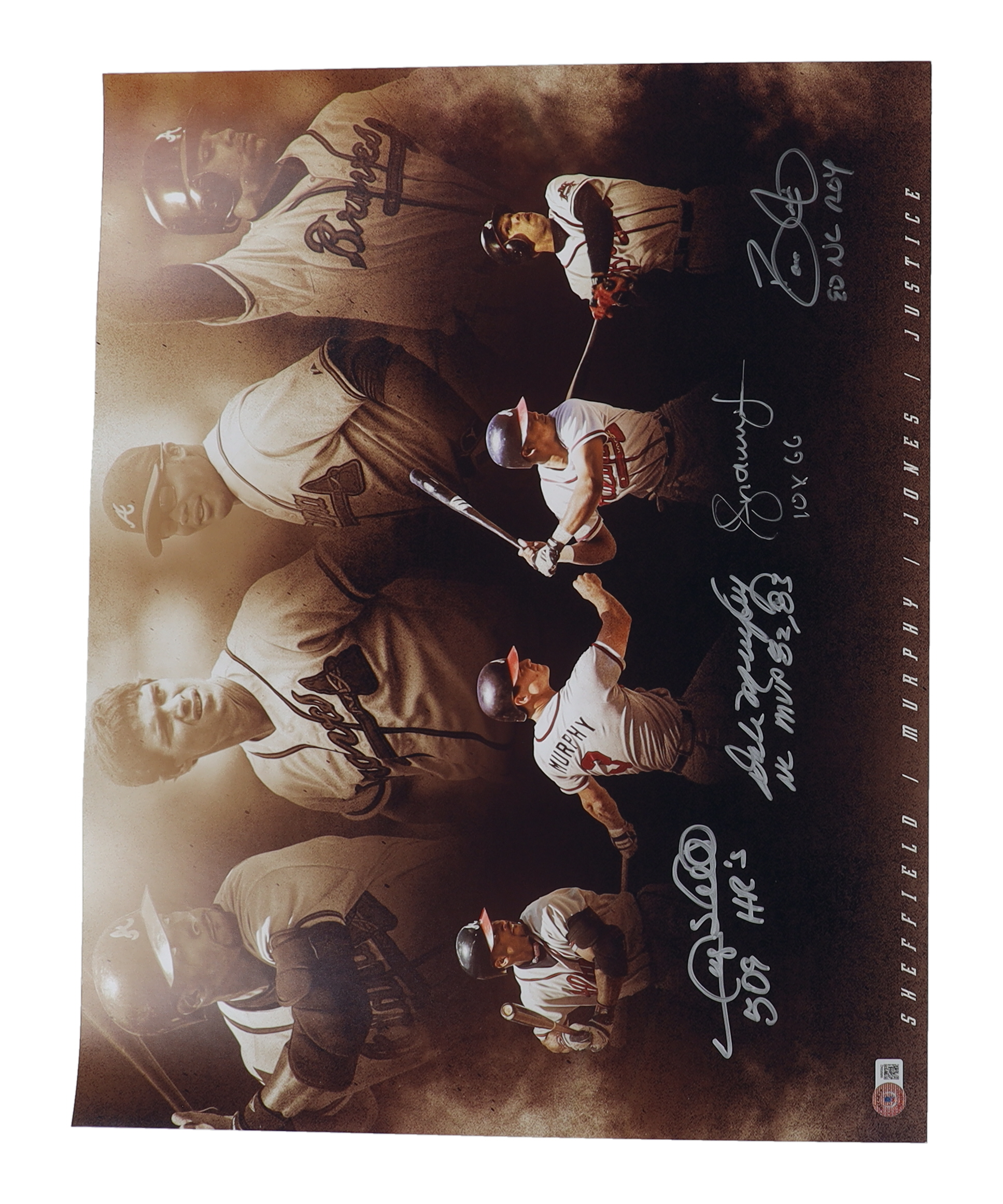 Dale Murphy, David Justice, Andrew Jones & Gary Sheffield Signed Braves 16x20 Photo With (4) Career Stat Inscriptions (Beckett) at PristineAuction.com Dale Murphy, David Justice, Andrew Jones & Gary Sheffield Signed Braves 16x20 Photo With (4) Career Stat Inscriptions (Beckett) at PristineAuction.com