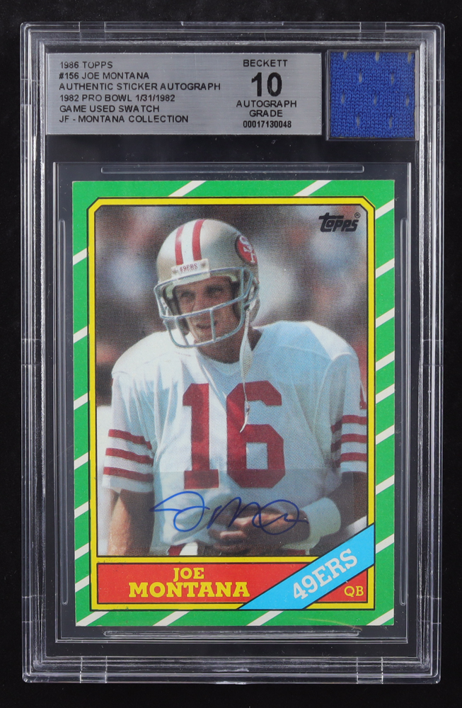 Joe Montana Signed Sticker On 1986 Topps #156 with Game Used Jersey ...