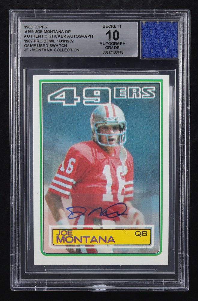 Joe Montana Signed Sticker On 1983 Topps #169 with Game Used Jersey Swatch (BGS | Autograph Grade 10) at PristineAuction.com Joe Montana Signed Sticker On 1983 Topps #169 with Game Used Jersey Swatch (BGS | Autograph Grade 10) at PristineAuction.com
