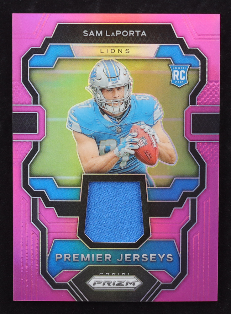 Sam LaPorta 2023 Panini Prizm Premier Jerseys Pink #21 RC at PristineAuction.com Sam LaPorta 2023 Panini Prizm Premier Jerseys Pink #21 RC at PristineAuction.com