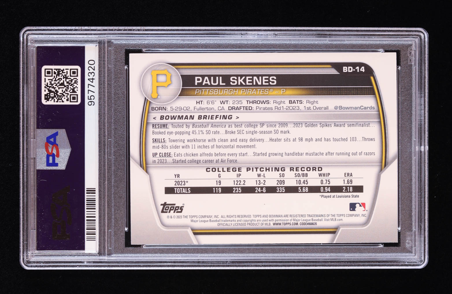 Paul Skenes 2023 Bowman Draft #BD14 RC (PSA 10) at PristineAuction.com Paul Skenes 2023 Bowman Draft #BD14 RC (PSA 10) at PristineAuction.com