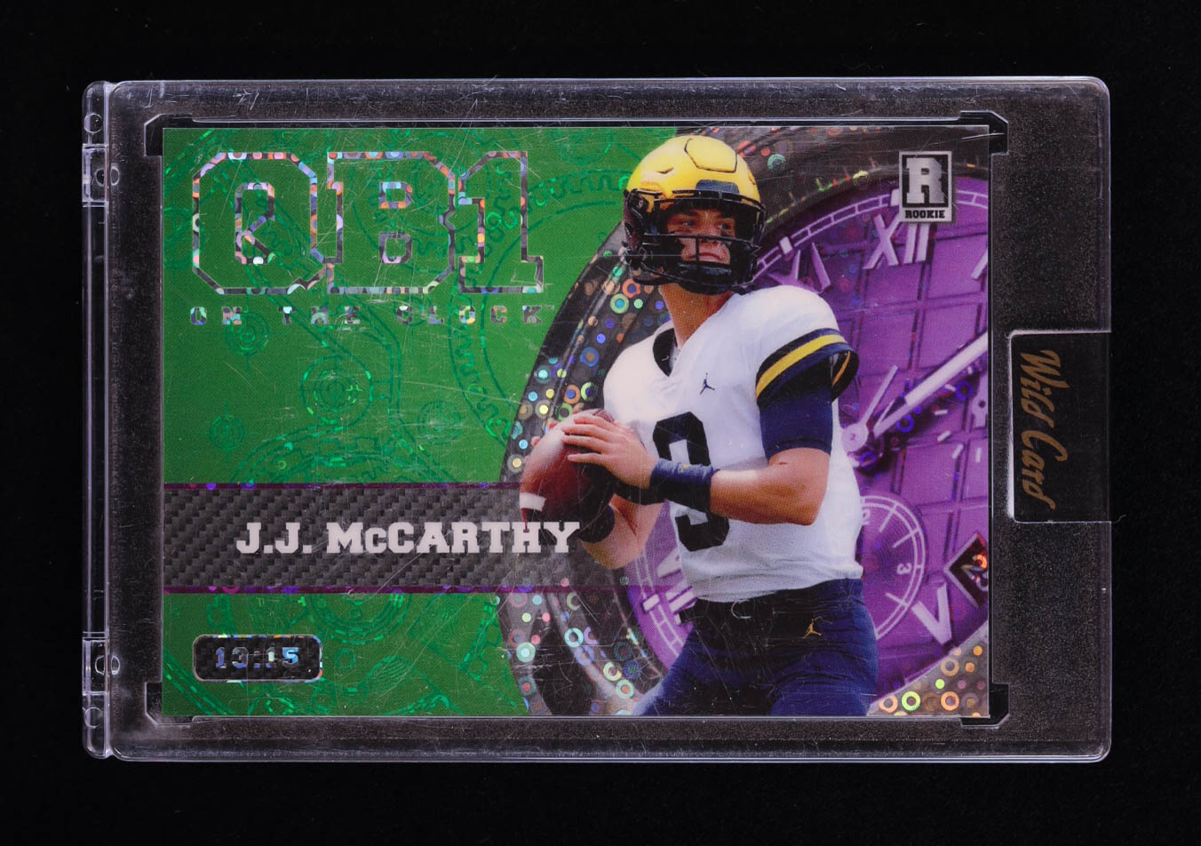 J. J. McCarthy 2023 Wild Card QB1 On the Clock Purple and Green #JM1 RC #13/15 at PristineAuction.com J. J. McCarthy 2023 Wild Card QB1 On the Clock Purple and Green #JM1 RC #13/15 at PristineAuction.com