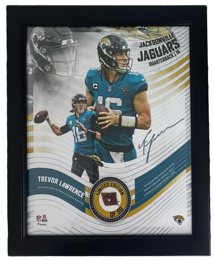Trevor Lawrence LE Jaguars Custom Framed Photo Display with Game-Used Football Piece (Fanatics) at PristineAuction.com Trevor Lawrence LE Jaguars Custom Framed Photo Display with Game-Used Football Piece (Fanatics) at PristineAuction.com