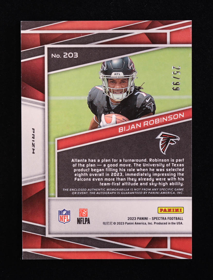 Bijan Robinson 2023 Panini Spectra #203 Jersey Autograph RC #25/99 at PristineAuction.com Bijan Robinson 2023 Panini Spectra #203 Jersey Autograph RC #25/99 at PristineAuction.com
