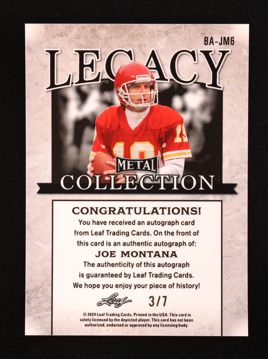 Joe Montana 2024 Leaf Legacy Collection #BA-JM6 Autograph SP Variation #3/7 at PristineAuction.com Joe Montana 2024 Leaf Legacy Collection #BA-JM6 Autograph SP Variation #3/7 at PristineAuction.com