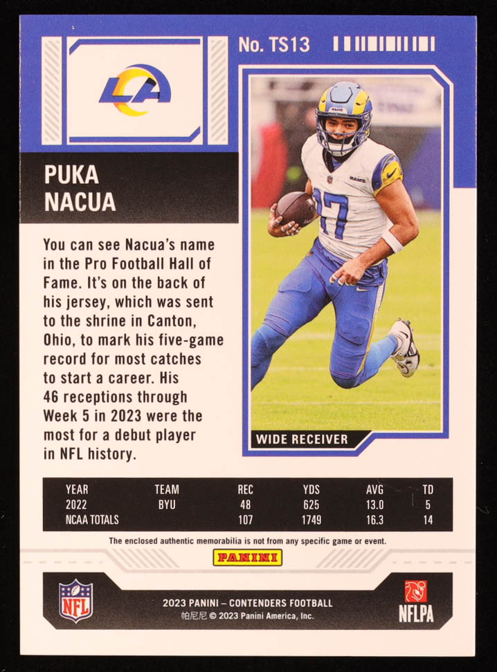 Puka Nacua 2023 Panini Contenders Rookie Ticket Swatches #13 RC at PristineAuction.com Puka Nacua 2023 Panini Contenders Rookie Ticket Swatches #13 RC at PristineAuction.com
