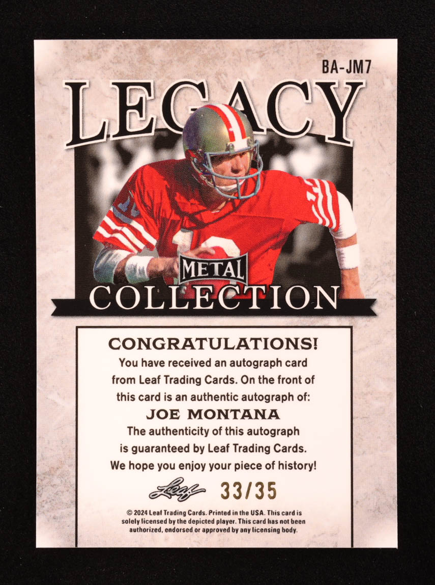 Joe Montana 2024 Leaf Legacy Collection #BA-JM7 Autograph SP Variation #33/35 at PristineAuction.com Joe Montana 2024 Leaf Legacy Collection #BA-JM7 Autograph SP Variation #33/35 at PristineAuction.com