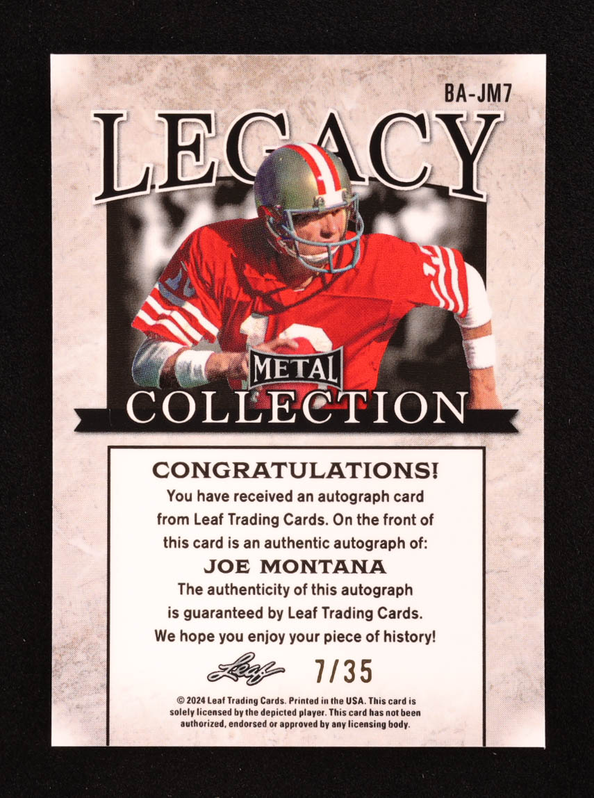 Joe Montana 2024 Leaf Legacy Collection #BA-JM7 Autograph SP Variation #7/35 at PristineAuction.com Joe Montana 2024 Leaf Legacy Collection #BA-JM7 Autograph SP Variation #7/35 at PristineAuction.com