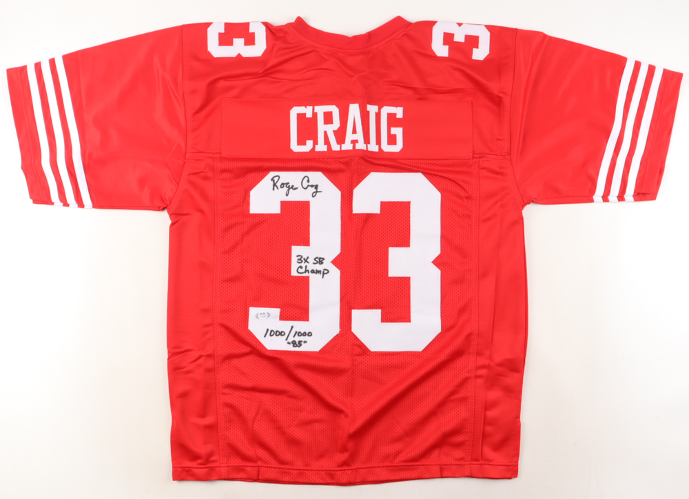 Roger Craig Signed Jersey Inscribed "3x SB Champ" & "1000/1000 85" (PSA) at PristineAuction.com Roger Craig Signed Jersey Inscribed "3x SB Champ" & "1000/1000 85" (PSA) at PristineAuction.com
