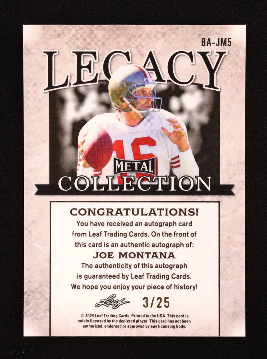 Joe Montana 2024 Leaf Legacy Collection #BA-JM5 Autograph SP Variation #3/25 at PristineAuction.com Joe Montana 2024 Leaf Legacy Collection #BA-JM5 Autograph SP Variation #3/25 at PristineAuction.com