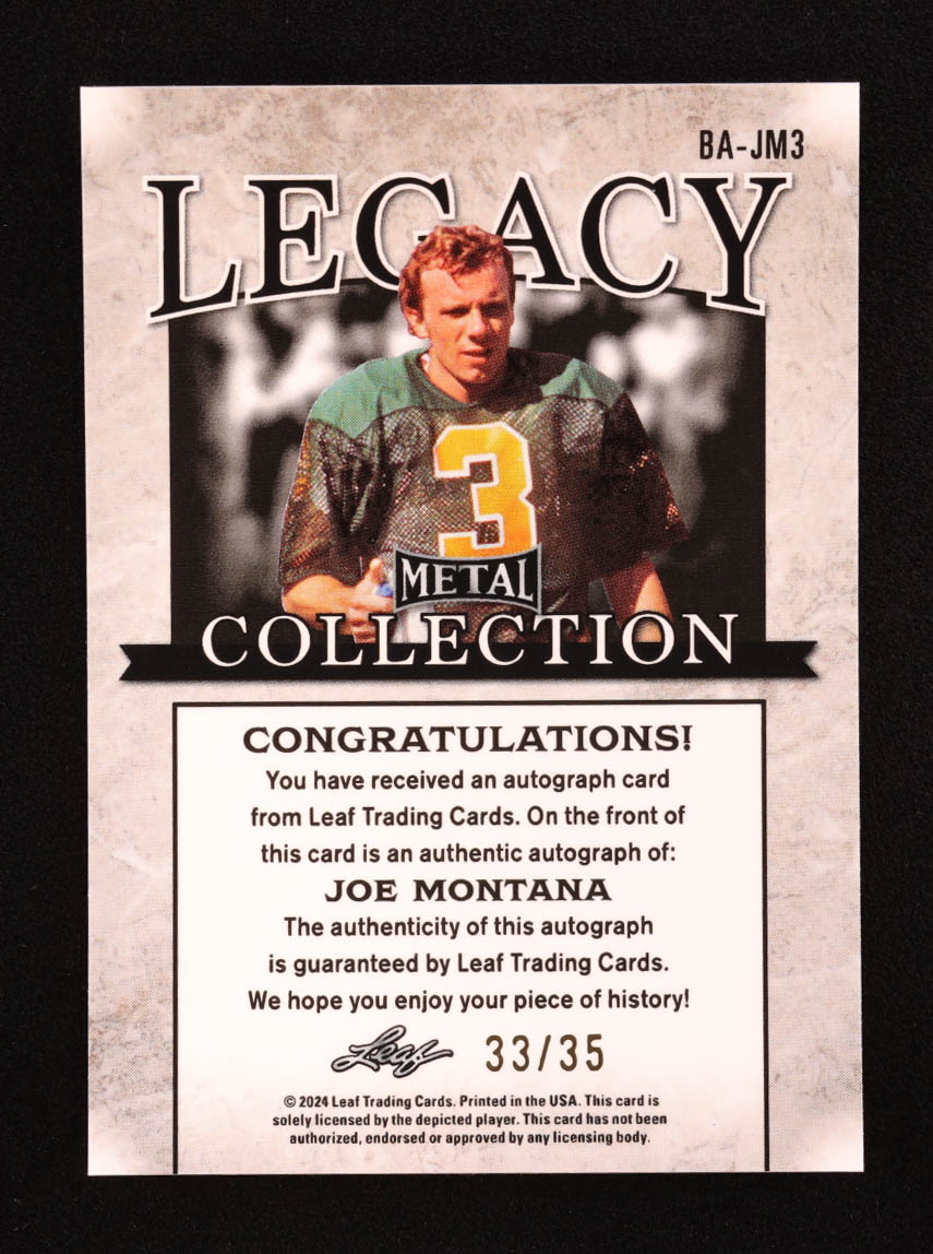 Joe Montana 2024 Leaf Legacy Collection #BA-JM3 Autograph SP Variation #33/35 at PristineAuction.com Joe Montana 2024 Leaf Legacy Collection #BA-JM3 Autograph SP Variation #33/35 at PristineAuction.com