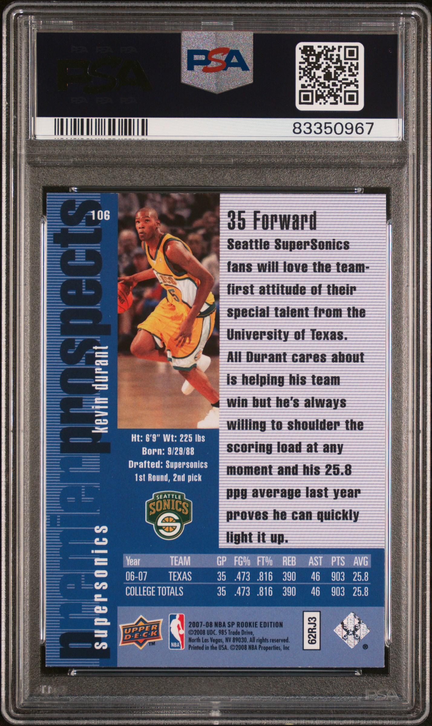 Kevin Durant 2007-08 SP Rookie Edition #106 RC / 96-97 (PSA 10) at PristineAuction.com Kevin Durant 2007-08 SP Rookie Edition #106 RC / 96-97 (PSA 10) at PristineAuction.com