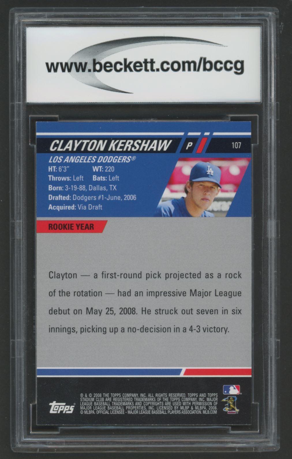Clayton Kershaw 2008 Stadium Club First Day Issue Unnumbered #107B VAR RC (BCCG 10) at PristineAuction.com Clayton Kershaw 2008 Stadium Club First Day Issue Unnumbered #107B VAR RC (BCCG 10) at PristineAuction.com