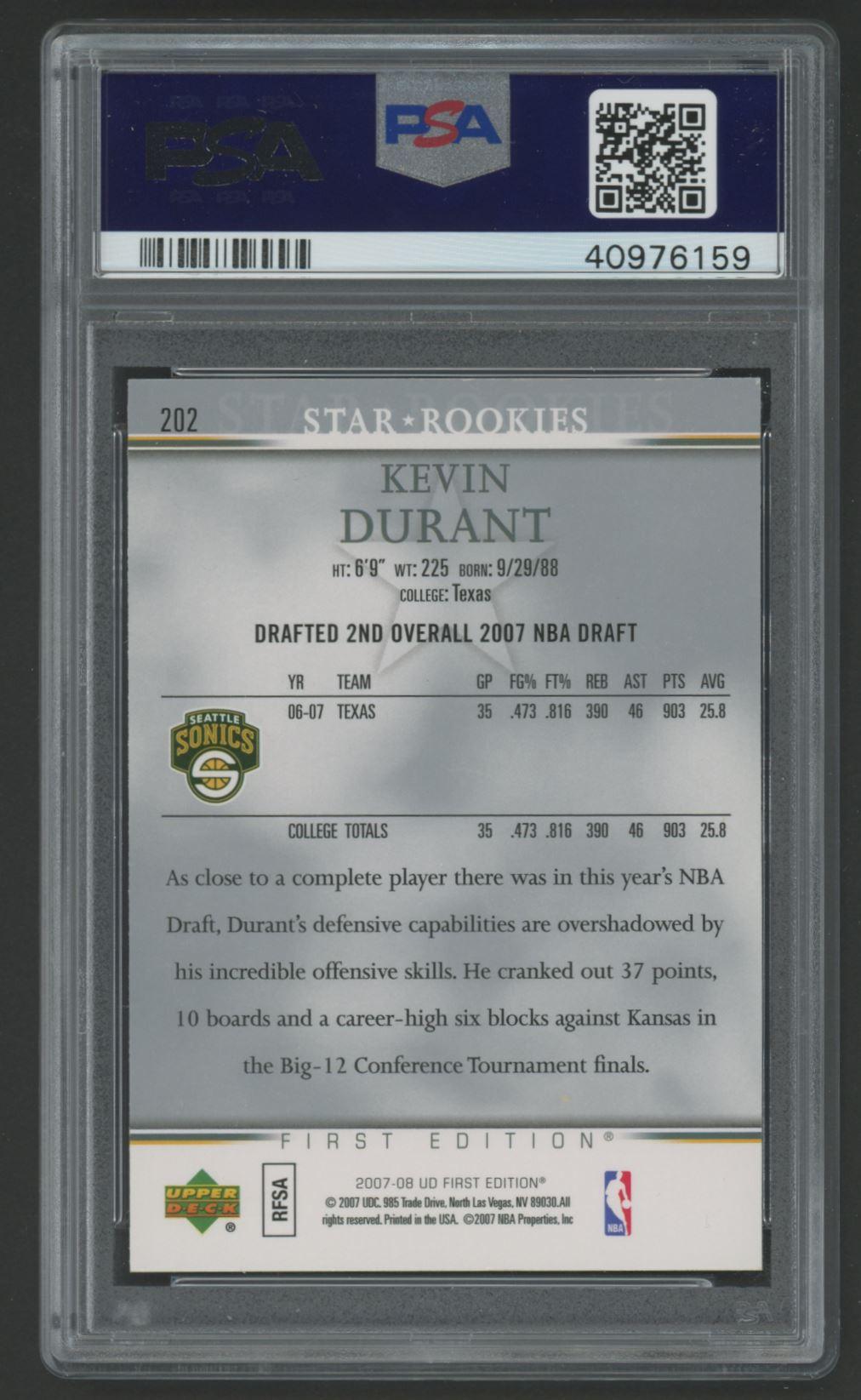 Kevin Durant 2007-08 Upper Deck First Edition #202 RC (PSA 8) at PristineAuction.com Kevin Durant 2007-08 Upper Deck First Edition #202 RC (PSA 8) at PristineAuction.com
