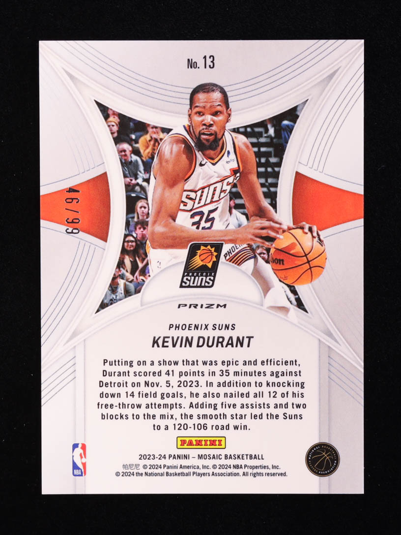 Kevin Durant 2023-24 Panini Mosaic Epic Performers Mosaic Reactive Yellow #13 #46/99 at PristineAuction.com Kevin Durant 2023-24 Panini Mosaic Epic Performers Mosaic Reactive Yellow #13 #46/99 at PristineAuction.com