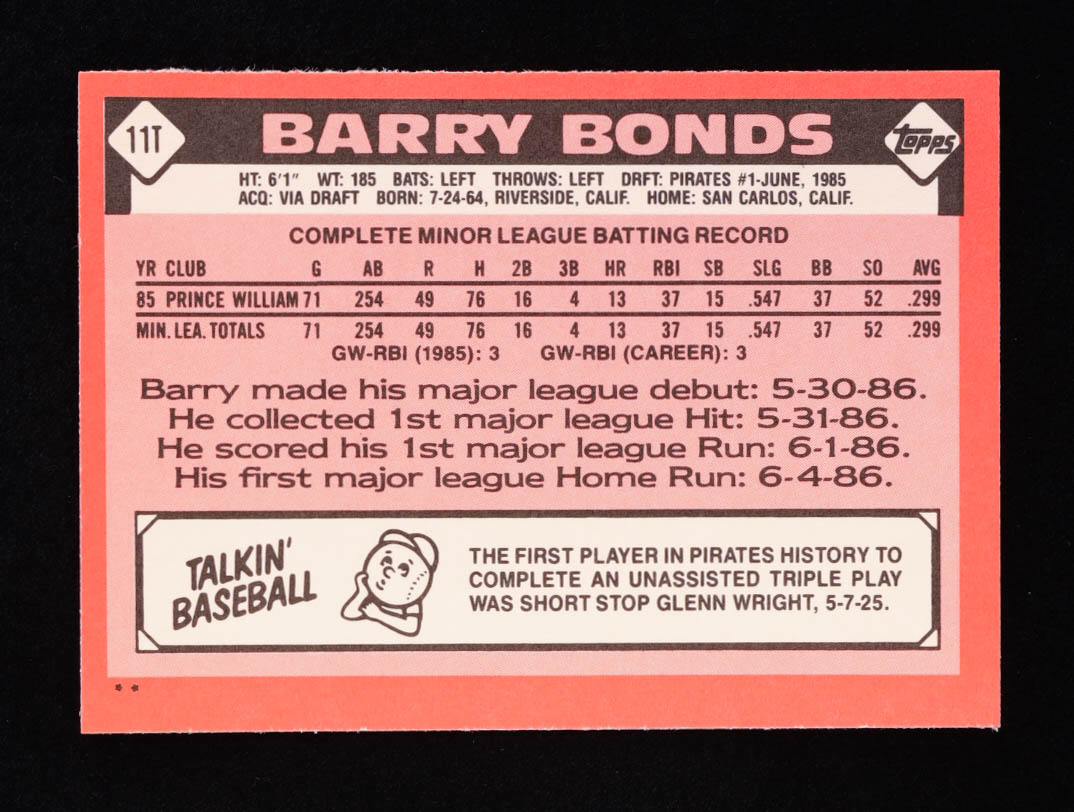Barry Bonds 1986 Topps Traded #11T XRC at PristineAuction.com Barry Bonds 1986 Topps Traded #11T XRC at PristineAuction.com