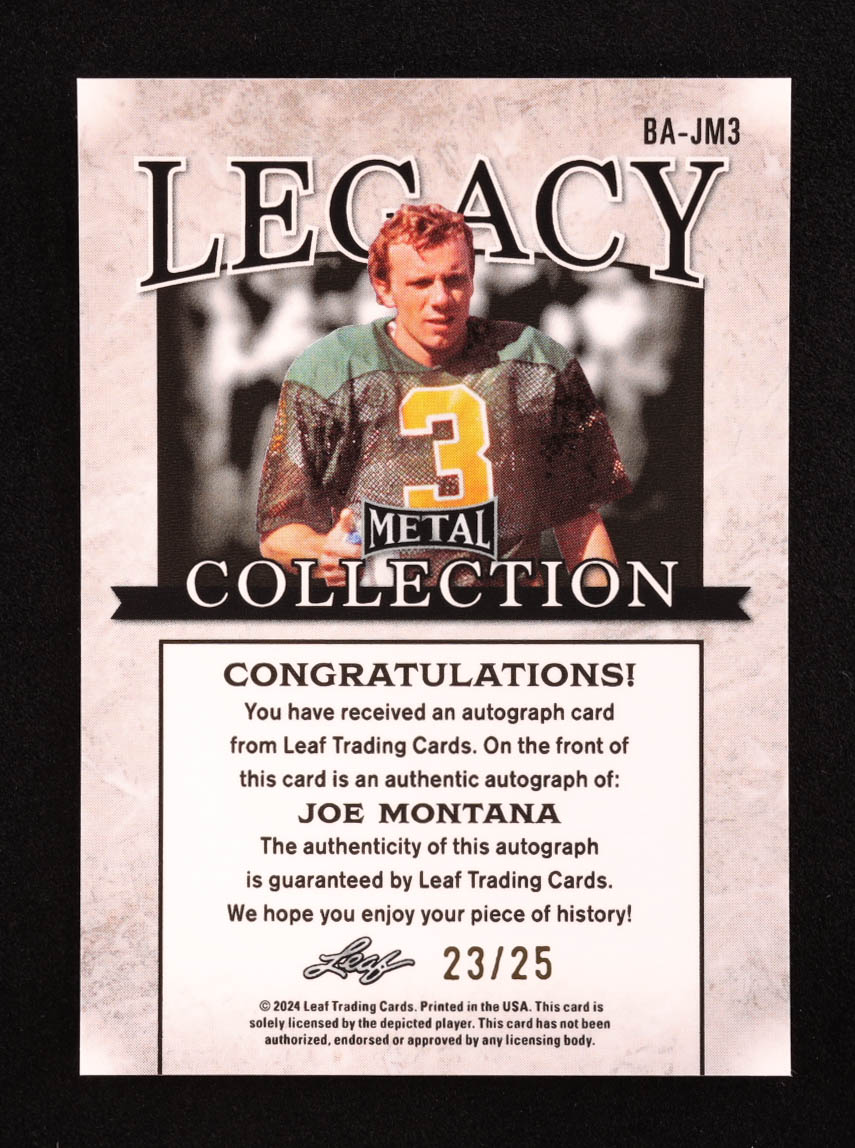 Joe Montana 2024 Leaf Legacy Collection #BA-JM3 Autograph SP Variation #23/25 at PristineAuction.com Joe Montana 2024 Leaf Legacy Collection #BA-JM3 Autograph SP Variation #23/25 at PristineAuction.com