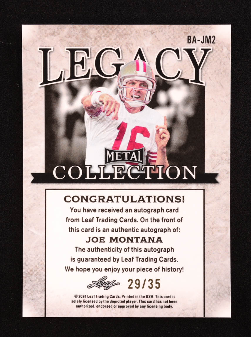 Joe Montana 2024 Leaf Legacy Collection #BA-JM2 Autograph SP Variation #29/35 at PristineAuction.com Joe Montana 2024 Leaf Legacy Collection #BA-JM2 Autograph SP Variation #29/35 at PristineAuction.com