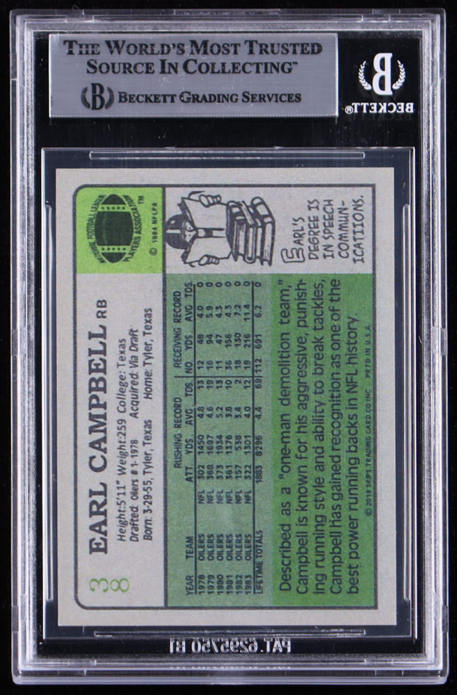 Earl Campbell Signed 1984 Topps #38 Reprint (BGS) at PristineAuction.com Earl Campbell Signed 1984 Topps #38 Reprint (BGS) at PristineAuction.com