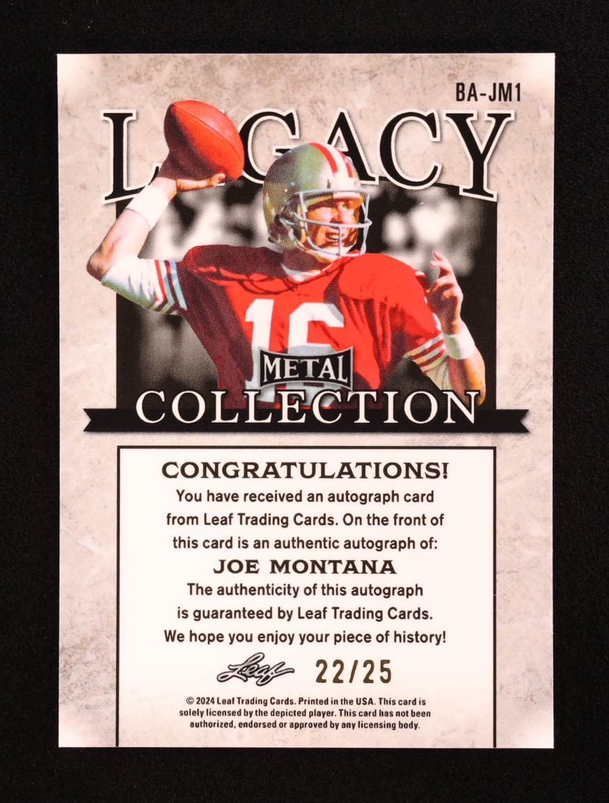 Joe Montana 2024 Leaf Legacy Collection #BA-JM1 Autograph SP Variation #22/25 at PristineAuction.com Joe Montana 2024 Leaf Legacy Collection #BA-JM1 Autograph SP Variation #22/25 at PristineAuction.com