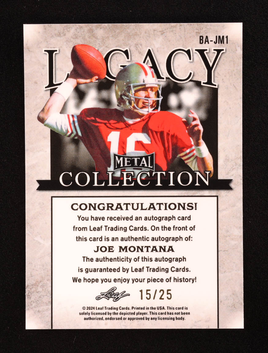 Joe Montana 2024 Leaf Legacy Collection #BA-JM1 Autograph SP Variation #15/25 at PristineAuction.com Joe Montana 2024 Leaf Legacy Collection #BA-JM1 Autograph SP Variation #15/25 at PristineAuction.com
