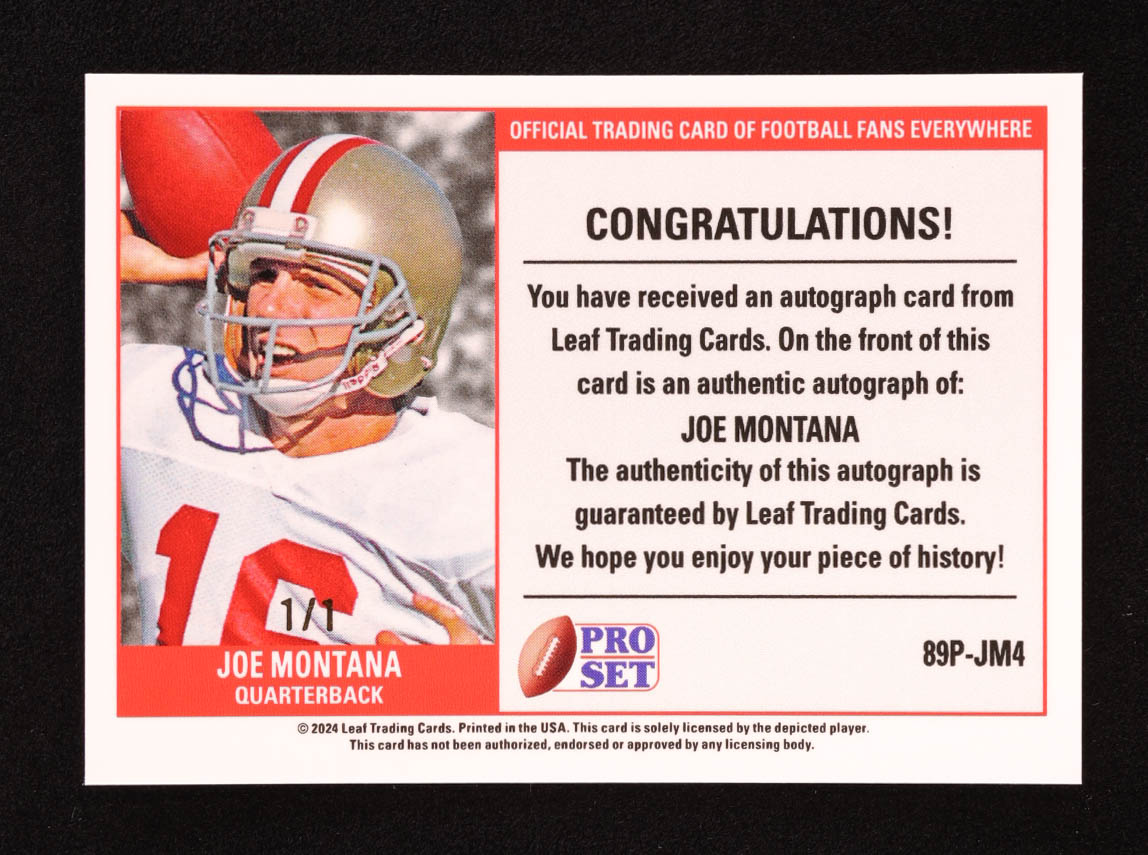Joe Montana 2024 Leaf Legacy Collection "1989 Pro Set" #89P-JM4 Autograph SP Variation #1/1 at PristineAuction.com Joe Montana 2024 Leaf Legacy Collection "1989 Pro Set" #89P-JM4 Autograph SP Variation #1/1 at PristineAuction.com