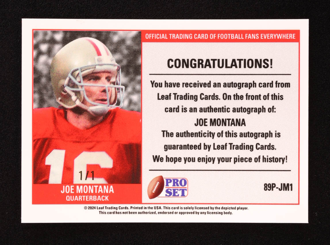 Joe Montana 2024 Leaf Legacy Collection "1989 Pro Set" #89P-JM1 Autograph SP Variation #1/1 at PristineAuction.com Joe Montana 2024 Leaf Legacy Collection "1989 Pro Set" #89P-JM1 Autograph SP Variation #1/1 at PristineAuction.com