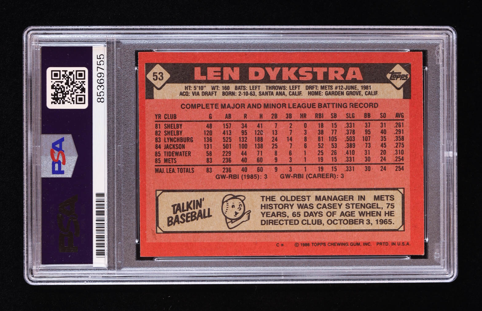 Len Dykstra Signed 1986 Topps #53 RC (PSA) at PristineAuction.com Len Dykstra Signed 1986 Topps #53 RC (PSA) at PristineAuction.com