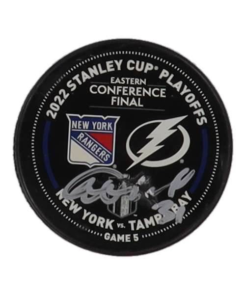 Igor Shesterkin Signed Practice-Used 2022 Stanley Cup Playoffs Warmup Puck (Fanatics) at PristineAuction.com Igor Shesterkin Signed Practice-Used 2022 Stanley Cup Playoffs Warmup Puck (Fanatics) at PristineAuction.com