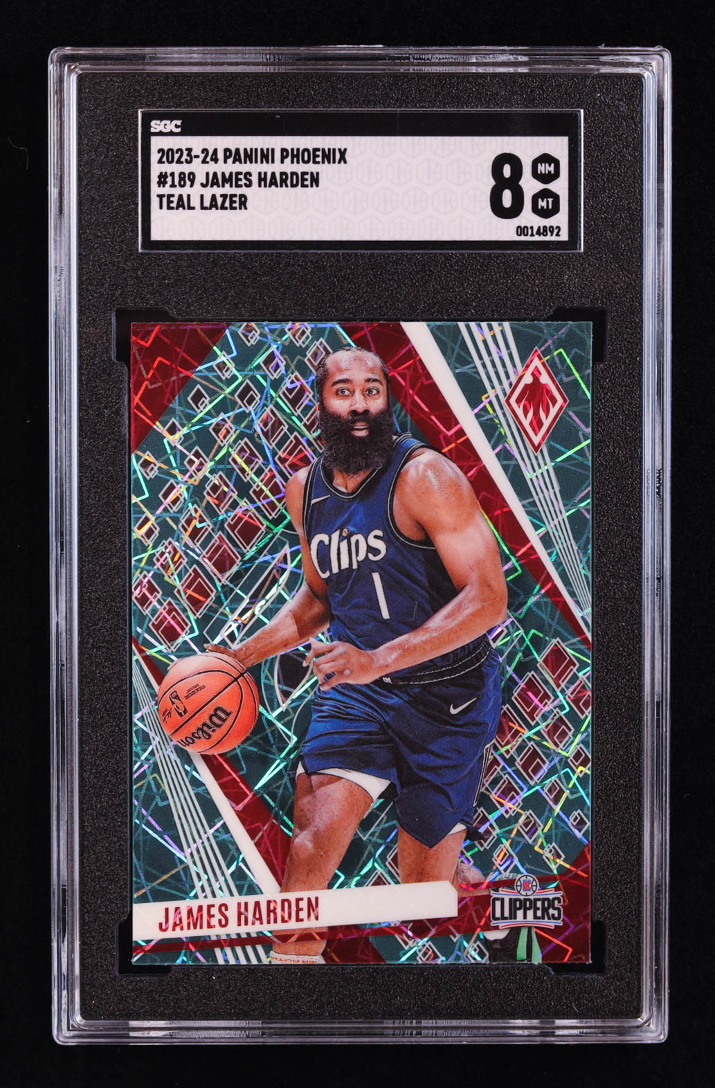 James Harden 2023-24 Panini Phoenix Teal Lazer #189 (SGC 8) at PristineAuction.com James Harden 2023-24 Panini Phoenix Teal Lazer #189 (SGC 8) at PristineAuction.com