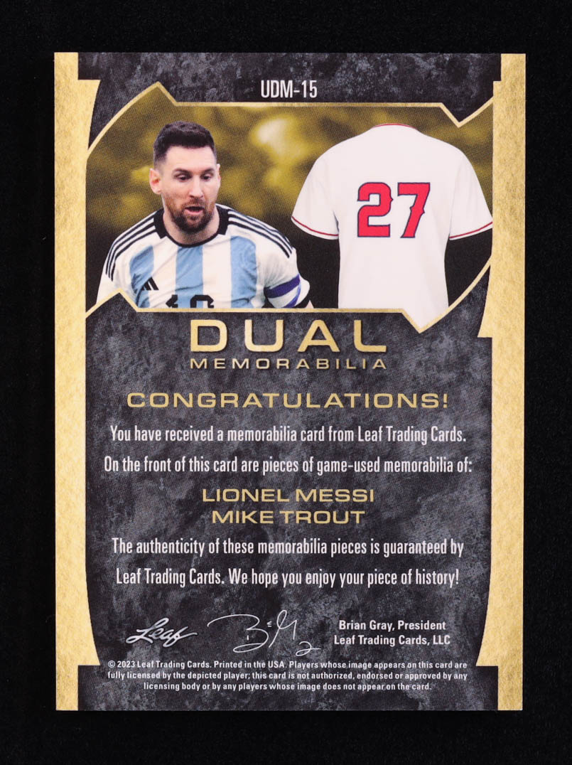 Lionel Messi / Mike Trout 2023 Leaf Ultimate Soccer Dual Memorabilia Platinum #UDM15 #07/20 at PristineAuction.com Lionel Messi / Mike Trout 2023 Leaf Ultimate Soccer Dual Memorabilia Platinum #UDM15 #07/20 at PristineAuction.com