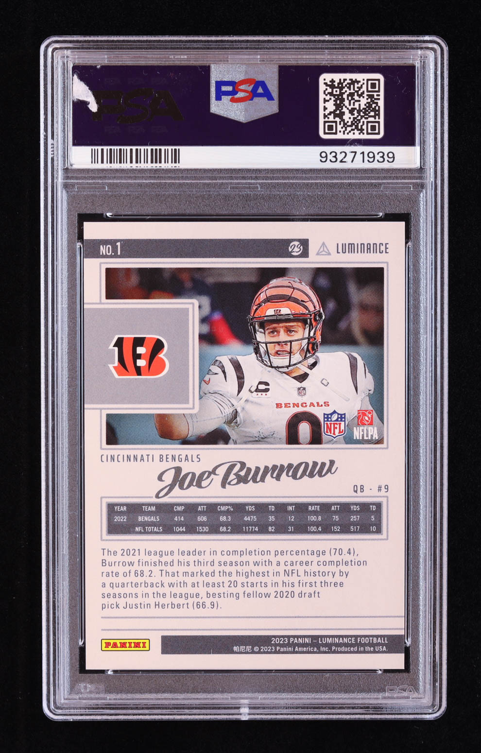 Joe Burrow 2023 Panini Luminance Gold #1 #072/250 (PSA 10) at PristineAuction.com Joe Burrow 2023 Panini Luminance Gold #1 #072/250 (PSA 10) at PristineAuction.com