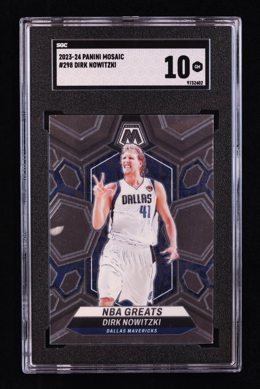 Dirk Nowitzki 2023-24 Panini Mosaic #298 / NBA Greats (SGC 10) at PristineAuction.com Dirk Nowitzki 2023-24 Panini Mosaic #298 / NBA Greats (SGC 10) at PristineAuction.com