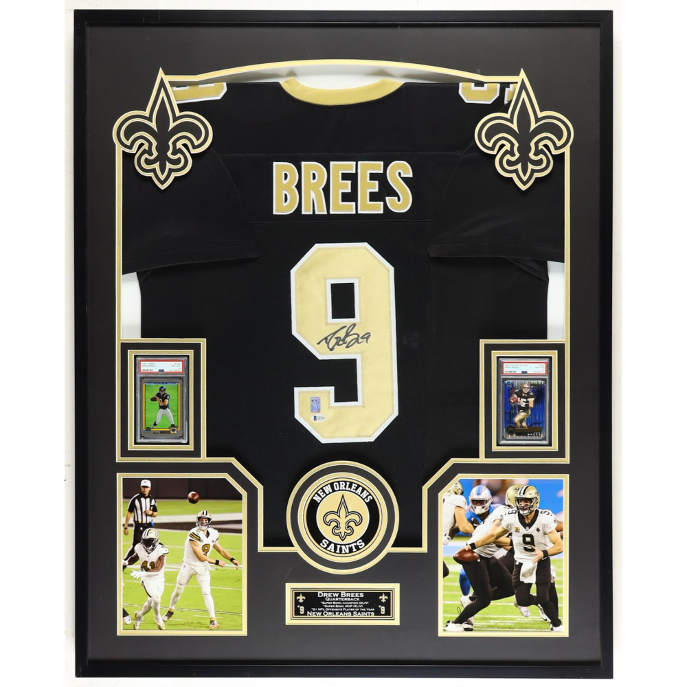 Drew Brees Signed Custom Framed Jersey Display With PSA Graded Cards (Beckett & Brees 