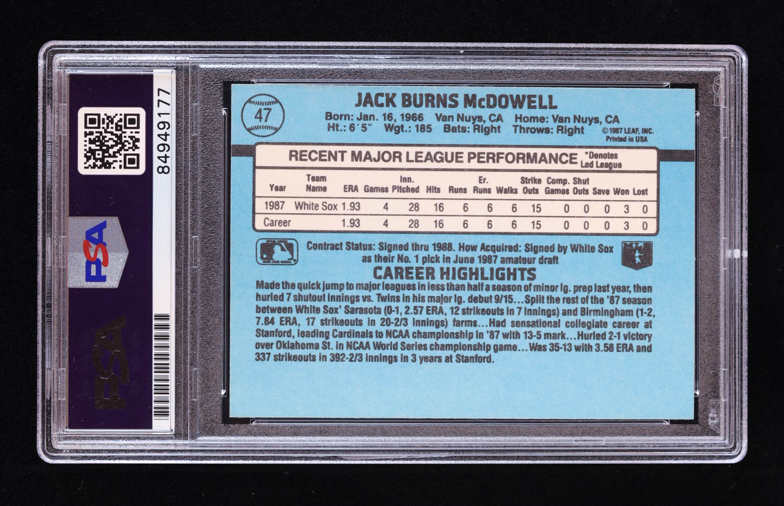 Jack McDowell Signed 1988 Donruss #47 RC (PSA) at PristineAuction.com Jack McDowell Signed 1988 Donruss #47 RC (PSA) at PristineAuction.com