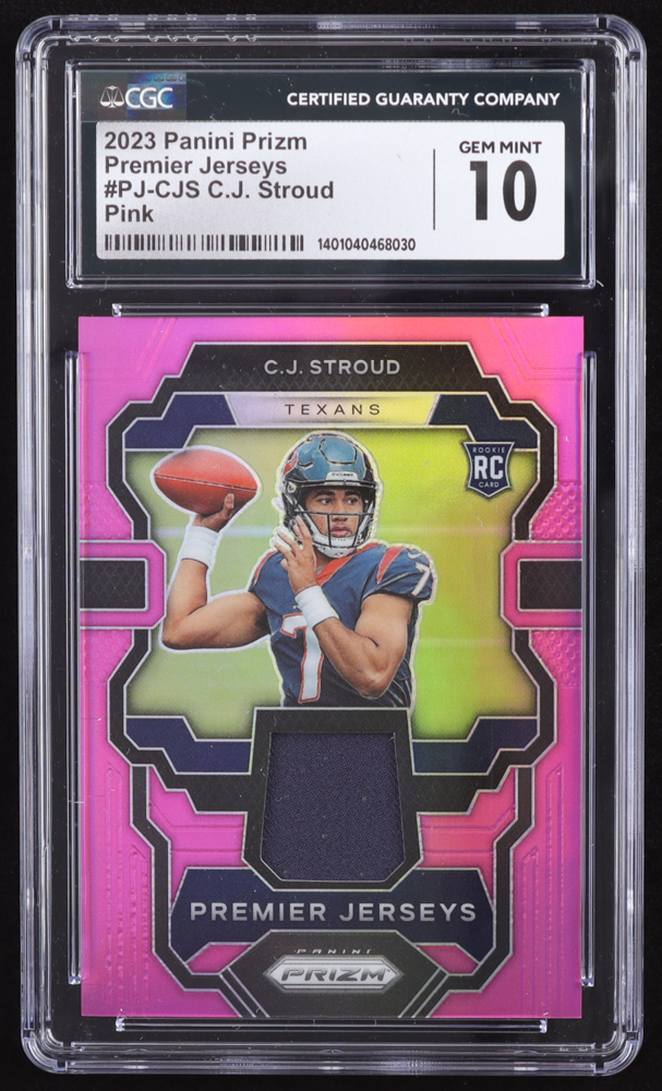CJ Stroud 2023 Panini Prizm Premier Jerseys Pink #2 RC (CGC 10) at PristineAuction.com CJ Stroud 2023 Panini Prizm Premier Jerseys Pink #2 RC (CGC 10) at PristineAuction.com