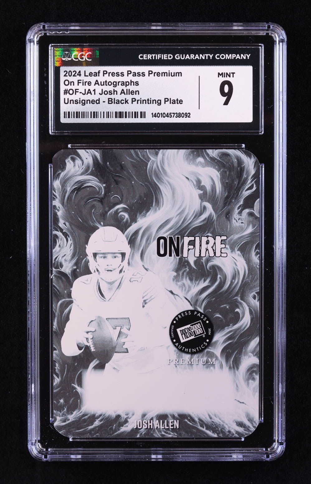 Josh Allen 2024 Leaf Press Pass Premium On Fire Autographs Unsigned Printing Plates Black #OFJA1 #1/1 (CGC 9) at PristineAuction.com Josh Allen 2024 Leaf Press Pass Premium On Fire Autographs Unsigned Printing Plates Black #OFJA1 #1/1 (CGC 9) at PristineAuction.com