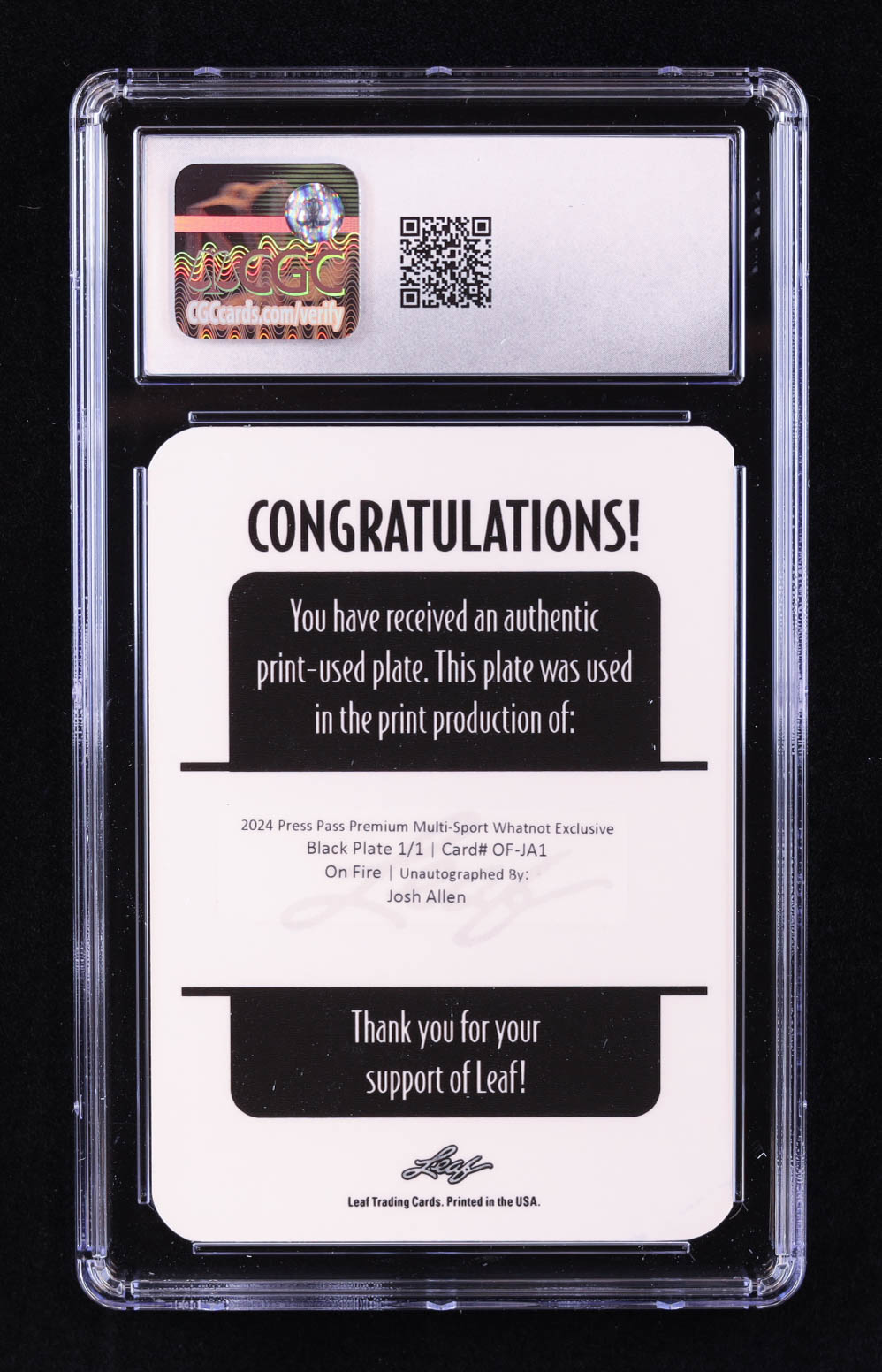 Josh Allen 2024 Leaf Press Pass Premium On Fire Autographs Unsigned Printing Plates Black #OFJA1 #1/1 (CGC 9) at PristineAuction.com Josh Allen 2024 Leaf Press Pass Premium On Fire Autographs Unsigned Printing Plates Black #OFJA1 #1/1 (CGC 9) at PristineAuction.com