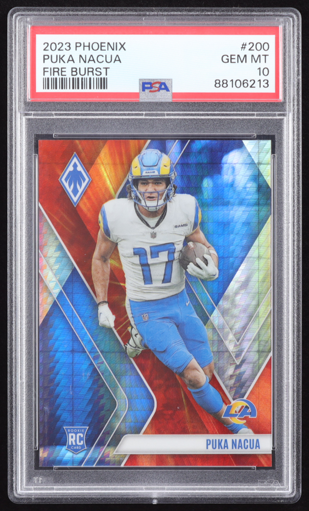 Puka Nacua 2023 Panini Phoenix Fire Burst #200 RC #331/340 (PSA 10) at PristineAuction.com Puka Nacua 2023 Panini Phoenix Fire Burst #200 RC #331/340 (PSA 10) at PristineAuction.com